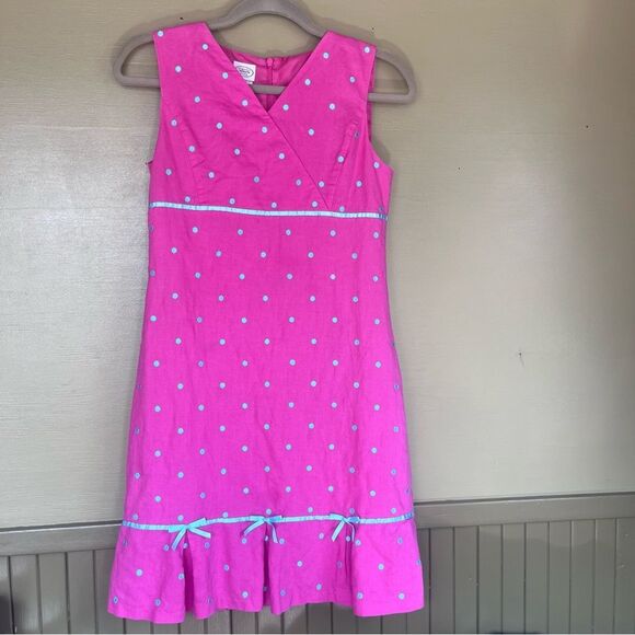 Talbots Kids Linen Blend Pink Polka Dot Bow Sleeveless Dress 16 - Picture 1 of 7